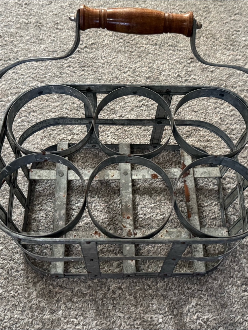 VTG Galvanized Metal 6-Bottle Carrier Basket w Wood handle 1930